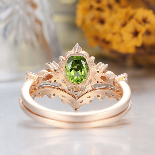 Vintage Blumen Peridot Brautring Set 14K Massivgold Jubiläumsring für Damen