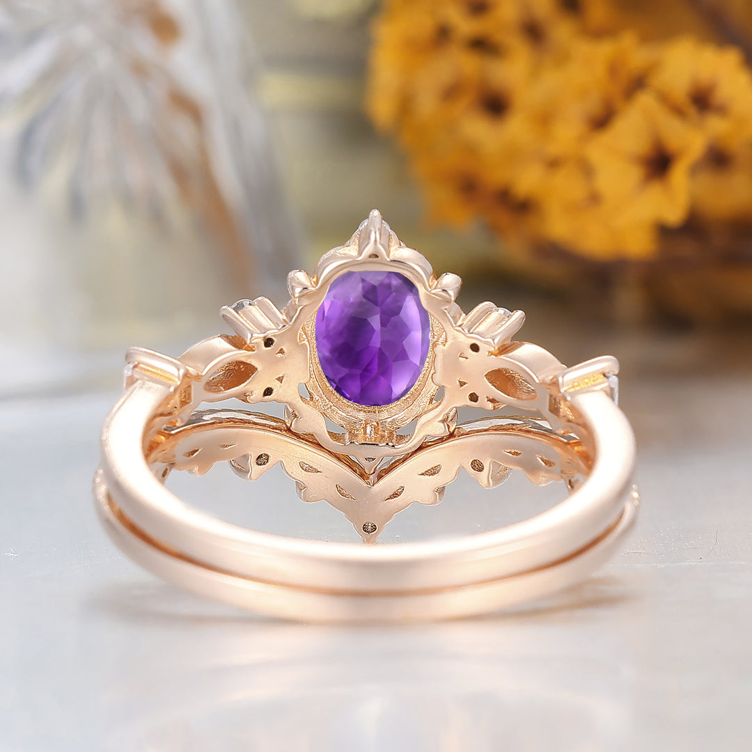 Ensemble de bagues de mariage Art déco Milgrain avec améthyste naturelle, bague anniversaire pour femme en or 14 carats