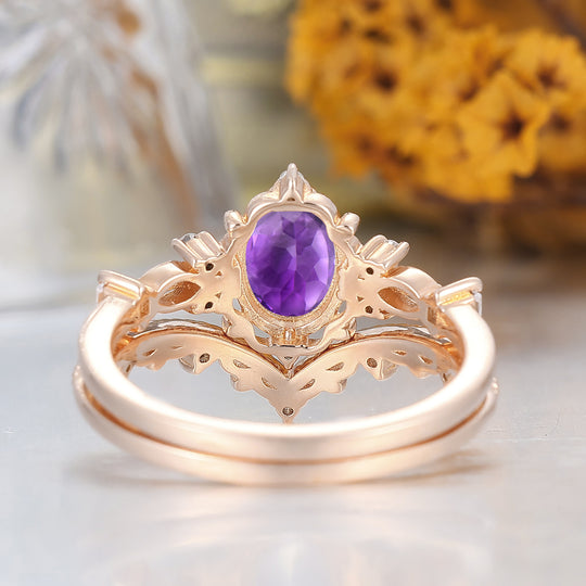 Ensemble de bagues de mariage Art déco Milgrain avec améthyste naturelle, bague anniversaire pour femme en or 14 carats