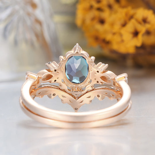 Vintage Inspired Milgrain 1CT Oval Cut Alexandrite Bridal Ring Set Solid Rose Gold Filigree Wedding Rings