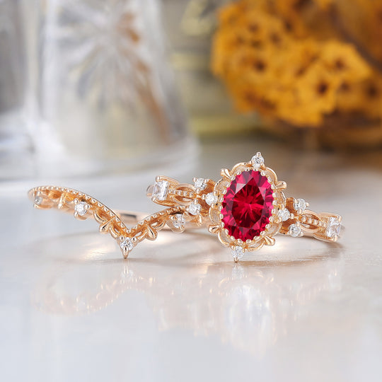 Vintage Filigreed Ruby Engagement Ring Set Anniversary Promise Rings