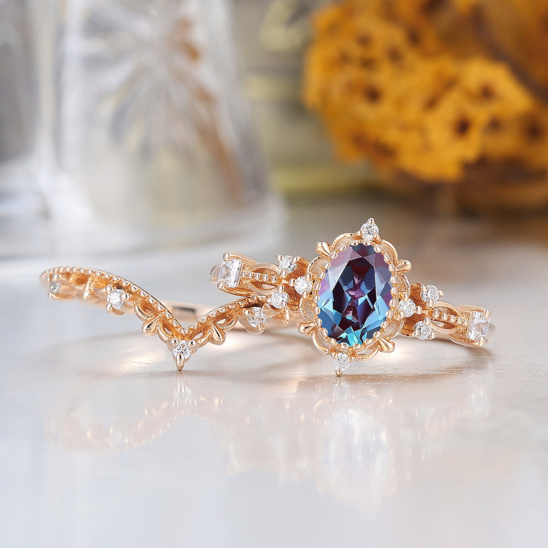 Vintage Inspired Milgrain 1CT Oval Cut Alexandrite Bridal Ring Set Solid Rose Gold Filigree Wedding Rings