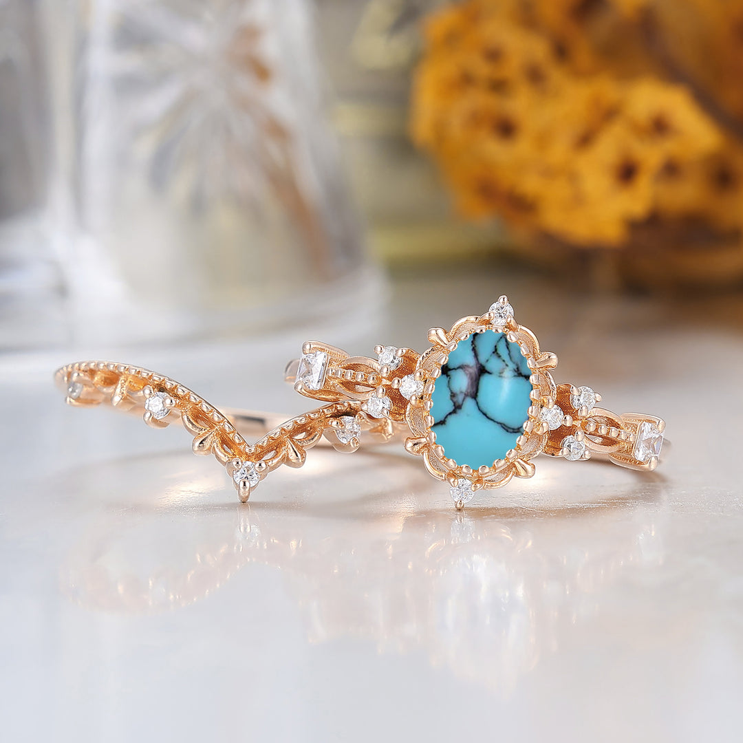 Vintage Filigreed Turquoise Engagement Ring Set Anniversary Promise Rings