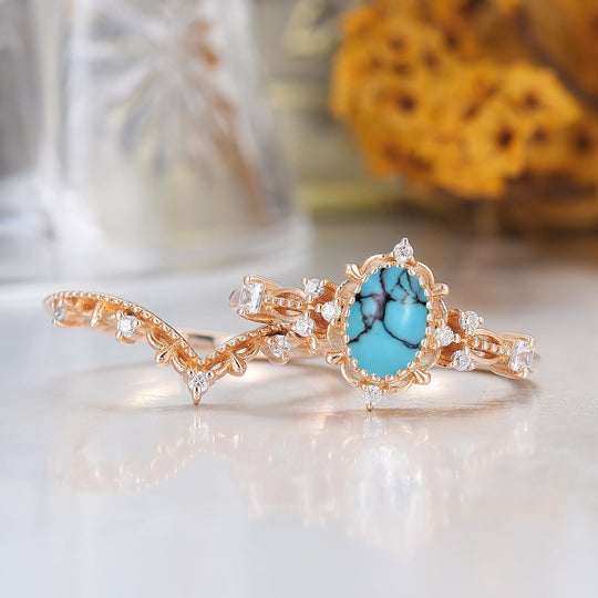 Vintage Filigreed Turquoise Engagement Ring Set Anniversary Promise Rings