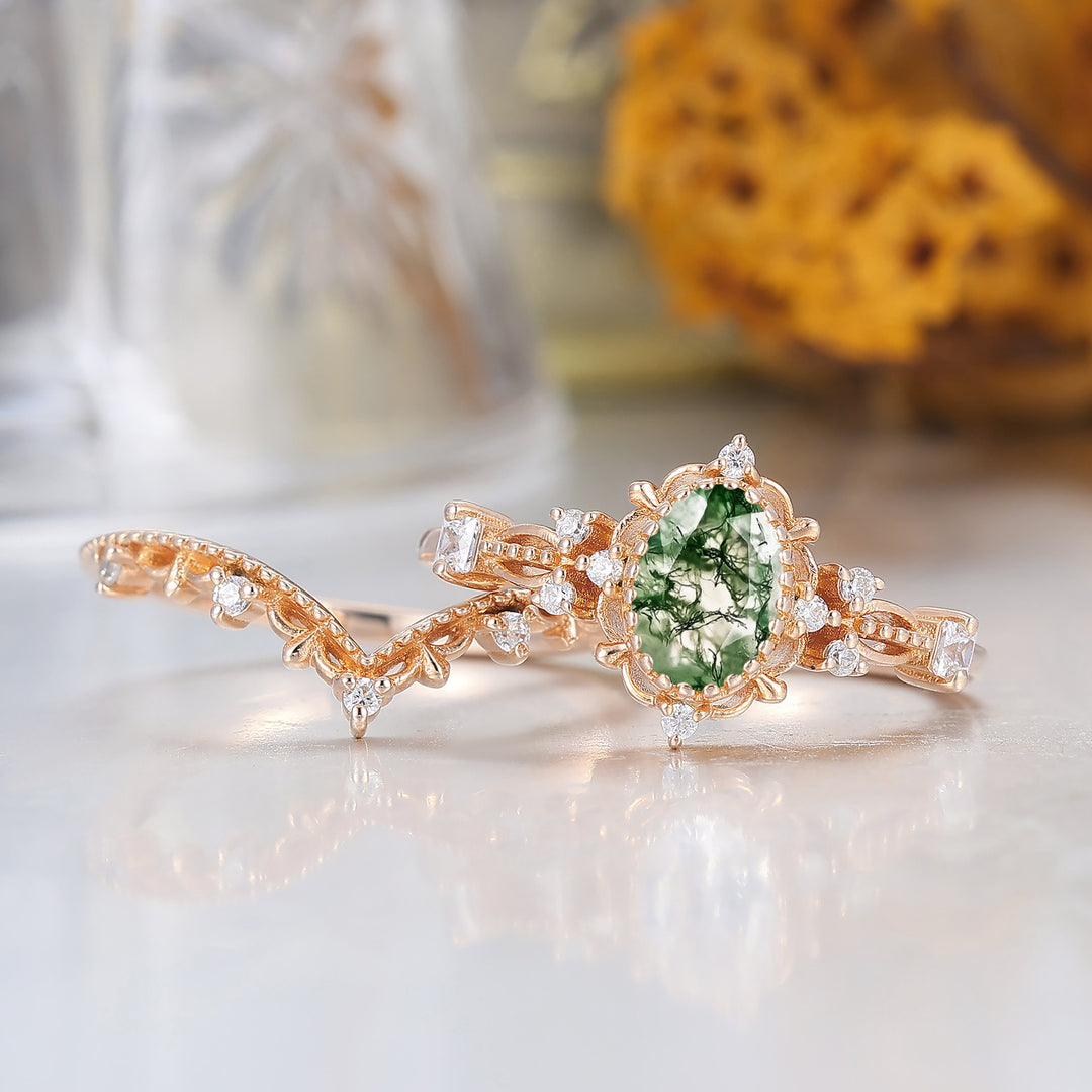 Vintage Floral Oval Shape Moss Agate Engagement Ring Set Rose Gold Milgrained Women Ring -  Esdomera.com