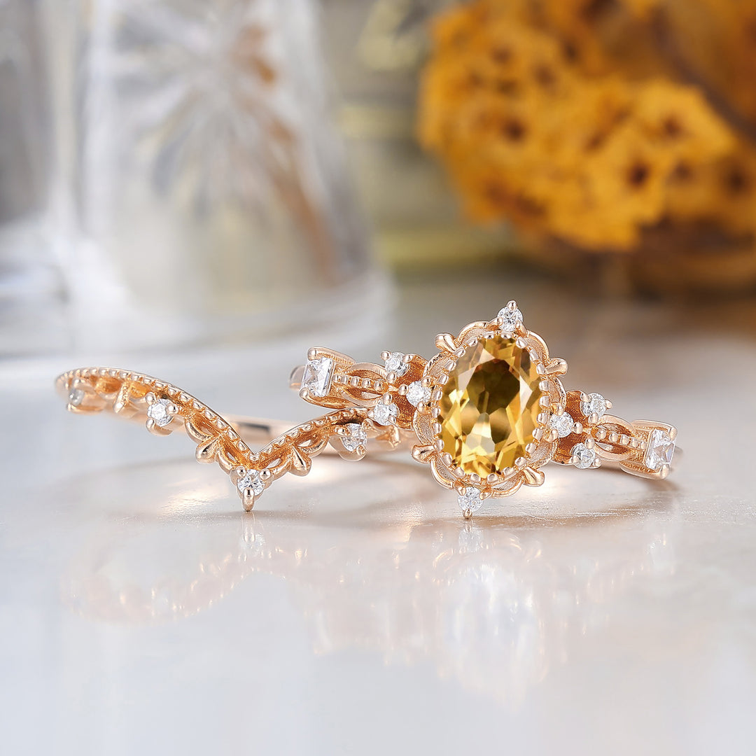 Vintage Filigreed Citrine Engagement Ring Set Anniversary Promise Rings