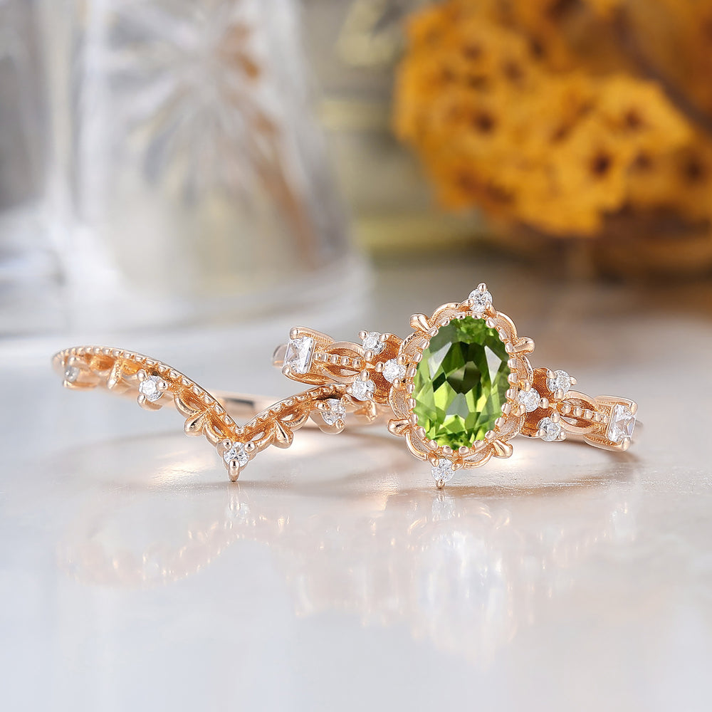 Vintage Floral Peridot Bridal Ring Set 14K Solid Gold Anniversary Women Ring