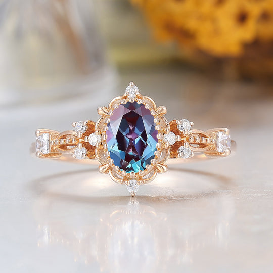 Antique Filigree Oval Cut Alexandrite Engagement Ring Prongs Anniversary Alexandrite Ring For Her