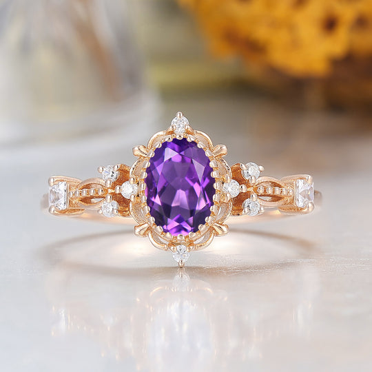 Antico Anello di Fidanzamento con Ametista Viola a Grappolo Anello Unico per Promessa Anniversario Nuziale