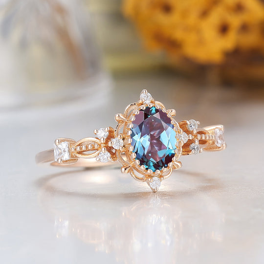 Antique Filigree Oval Cut Alexandrite Engagement Ring Prongs Anniversary Alexandrite Ring For Her