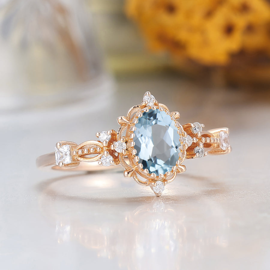 Vintage Milgrain 1CT Oval Cut Aquamarine Engagement Ring Cluster Rose Gold Wedding Ring