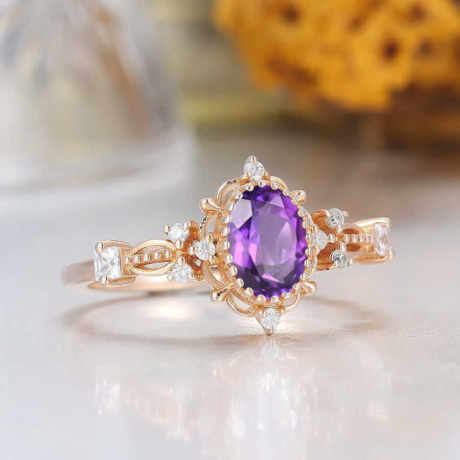 Antique Cluster Purple Amethyst Engagement Ring Unique Promise Anniversary Bridal Ring