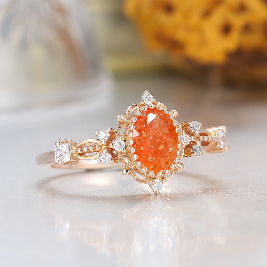 Unique Sunstone Cluster Milgrain Engagement Ring Rose Gold Anniversary Bridal Ring