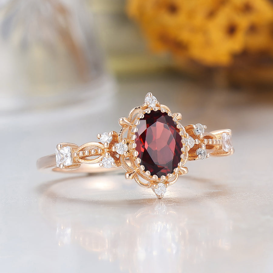 Antique Cluster Natural Red Grnet Milgrain Bridal Ring 14K Solid Gold Engagement Ring