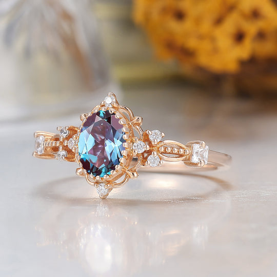 Antique Filigree Oval Cut Alexandrite Engagement Ring Prongs Anniversary Alexandrite Ring For Her