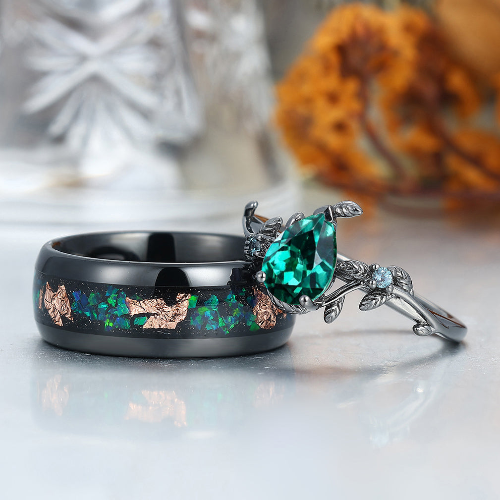 Classic Pear Lab Emerald Leaves Vines Engagement Couple Rings Wedding ...