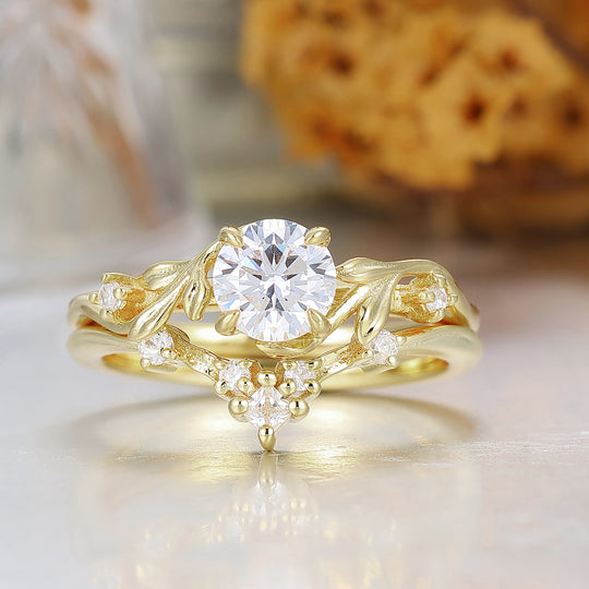Natural Inspired 0.8CT Round Moissanite Leaf Wedding Ring Set Yellow Solid Gold Anniversary Bridal Ring