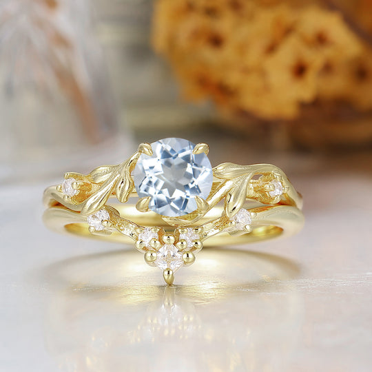 Blattinspiriertes Braut-Ringset mit 0.8CT rundem Aquamarin, Verlobungsring aus massivem Gelbgold