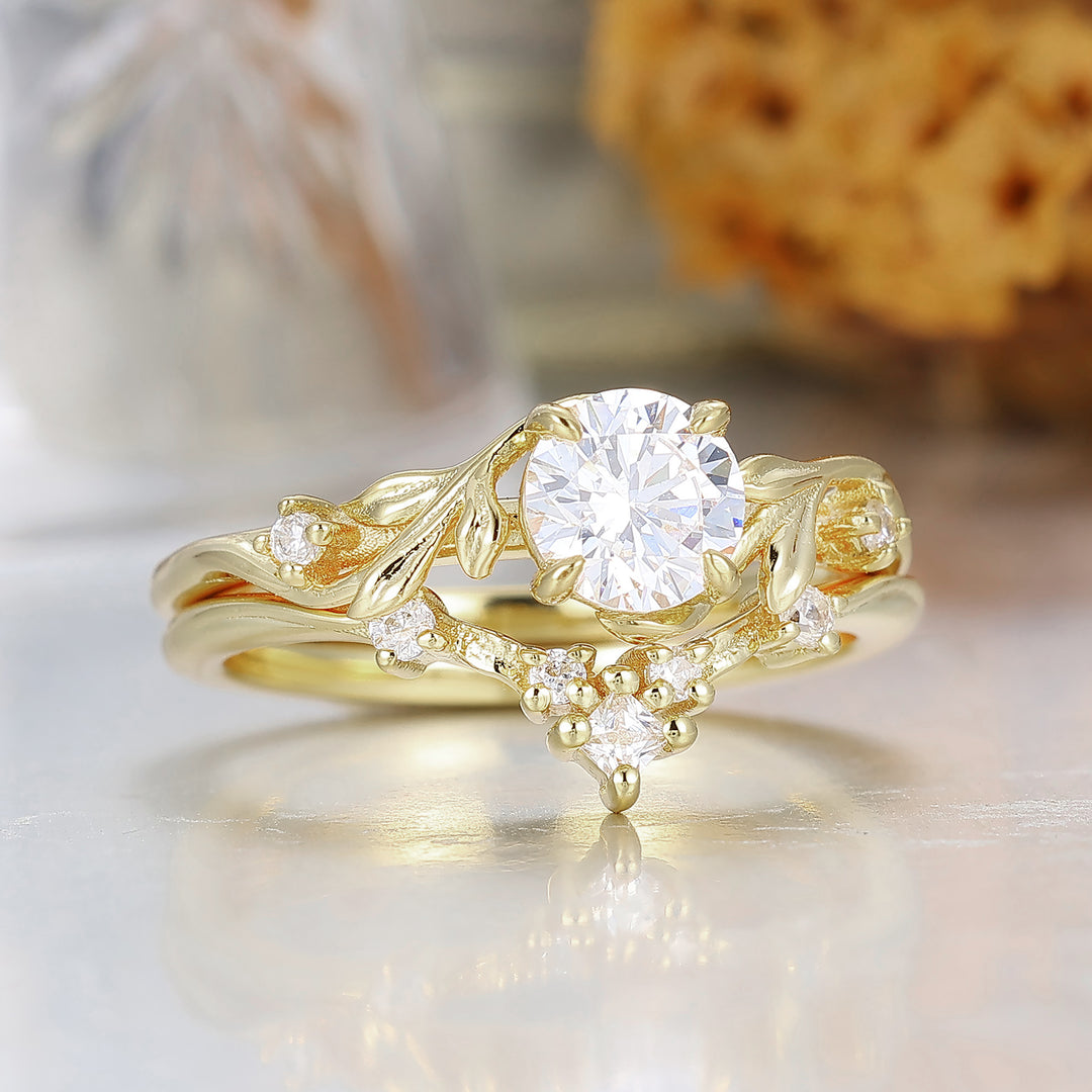 Natural Inspired 0.8CT Round Moissanite Leaf Wedding Ring Set Yellow Solid Gold Anniversary Bridal Ring