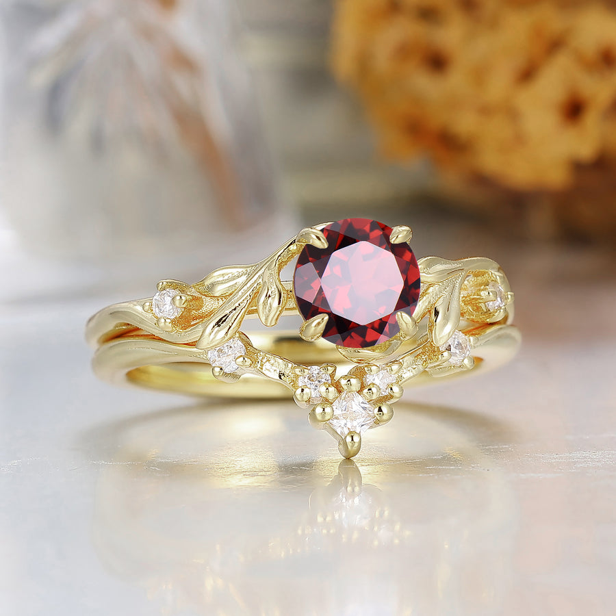 Noble Round Cut Red Garnet Bridal Ring Set Red Garnet January Engagement Ring