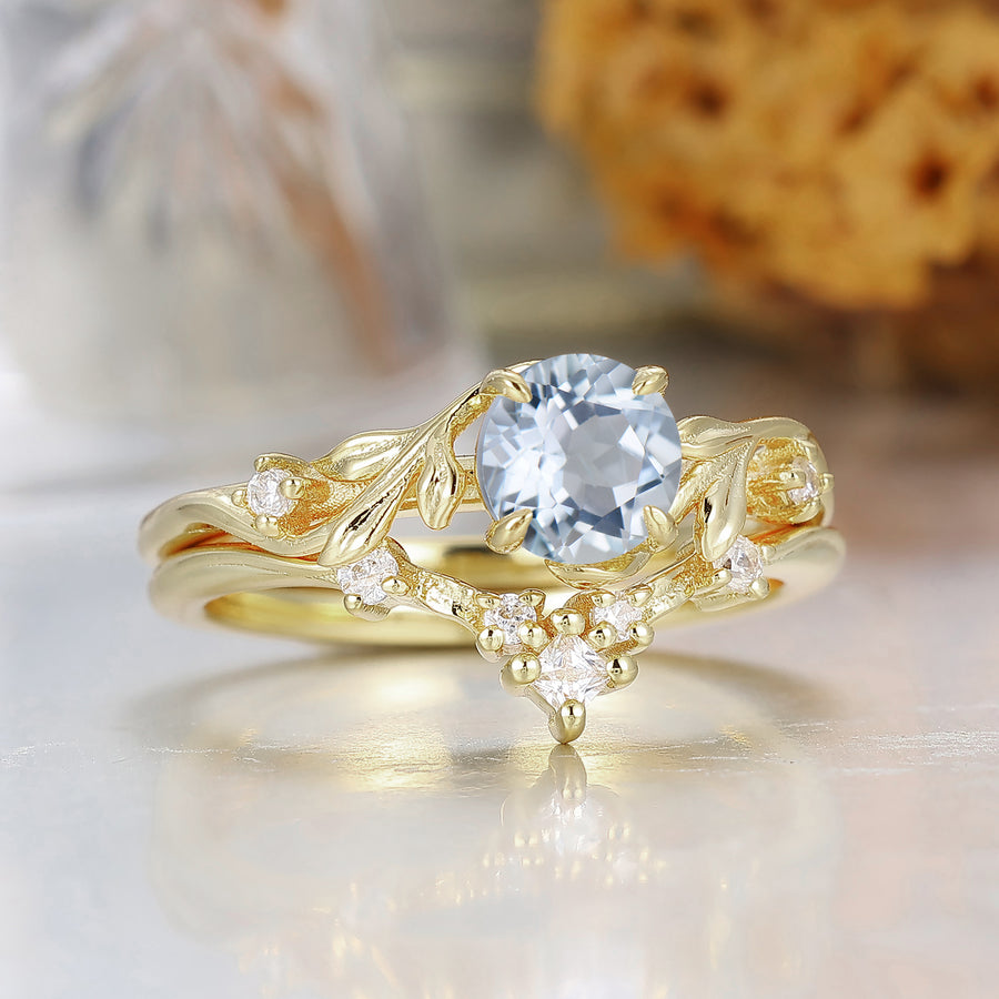 Leaf Inspired 0.8CT Round Aquamarine Bridal Ring Set Yellow Solid Gold Engagement Ring