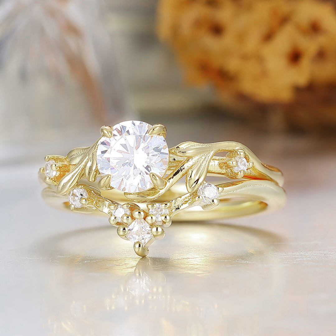 Natural Inspired 0.8CT Round Moissanite Leaf Wedding Ring Set Yellow Solid Gold Anniversary Bridal Ring