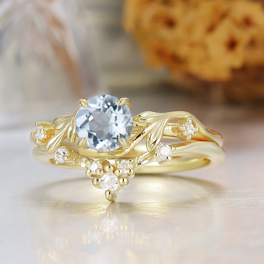 Blattinspiriertes Braut-Ringset mit 0.8CT rundem Aquamarin, Verlobungsring aus massivem Gelbgold