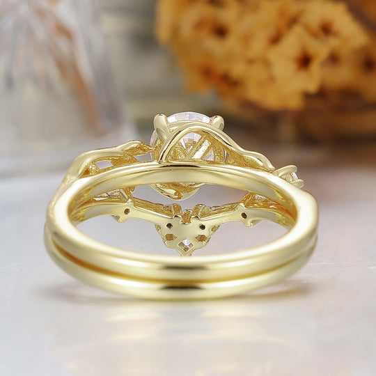 Natural Inspired 0.8CT Round Moissanite Leaf Wedding Ring Set Yellow Solid Gold Anniversary Bridal Ring