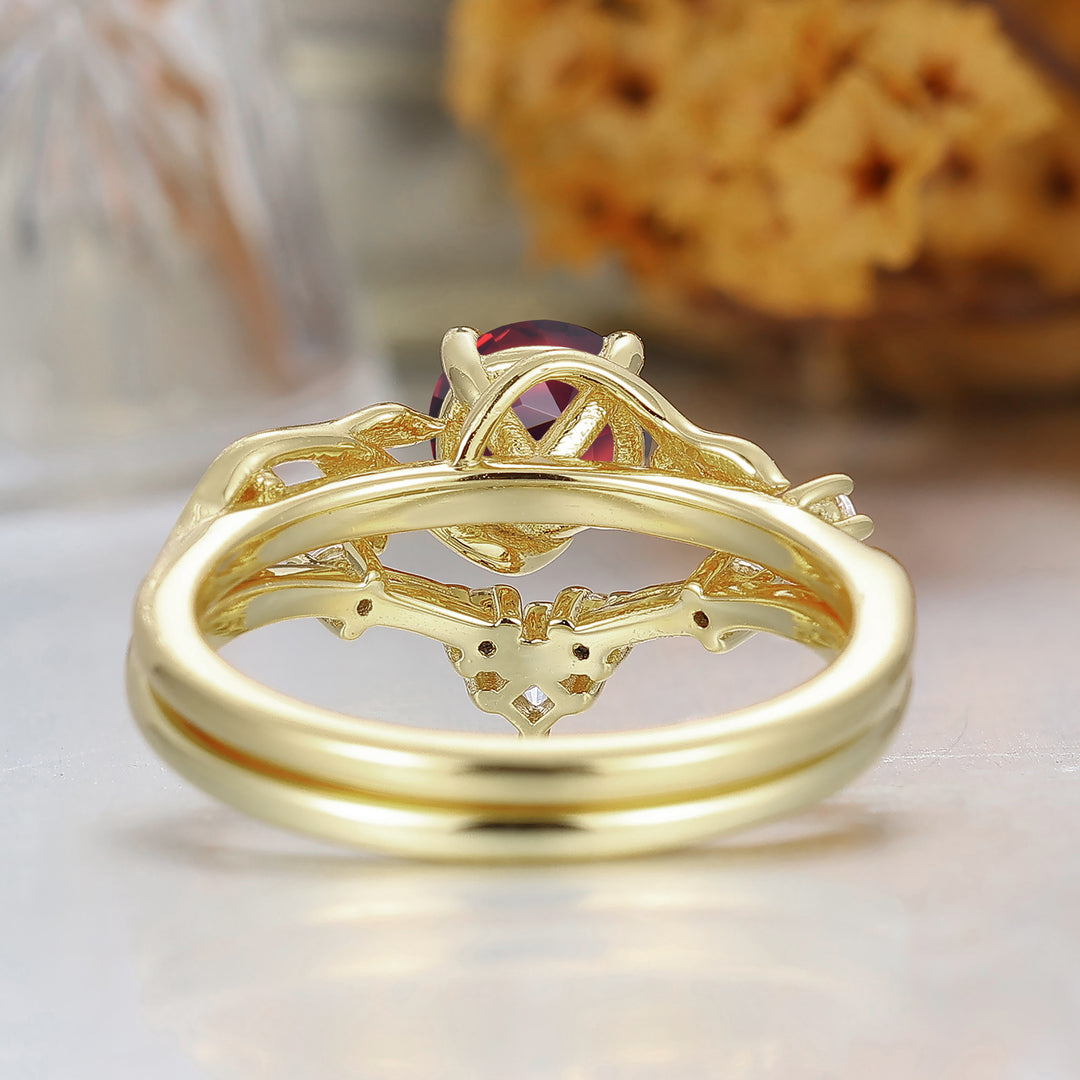 Set nuziale con granato rosso a taglio rotondo Anello di fidanzamento in granato rosso per gennaio