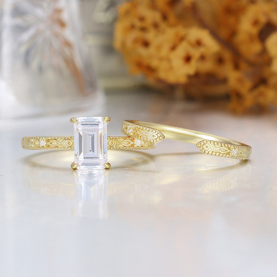 Pattern Engraved Moissanite Wedding Ring Set Antique 14K Yellow Solid Gold Engagement Ring