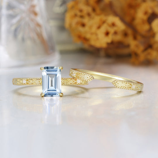 Vintage anillo de compromiso grabado con aguamarina talla esmeralda, juego de anillos nupciales en oro macizo 14K