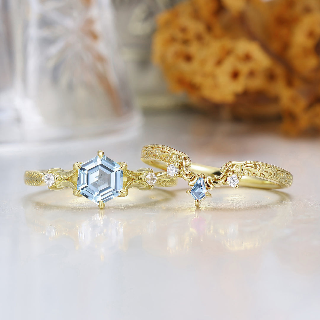 Dainty Hexagon Cut Aquamarine 2pcs Women Wedding Ring Set Geometric Engraved Bridal Ring