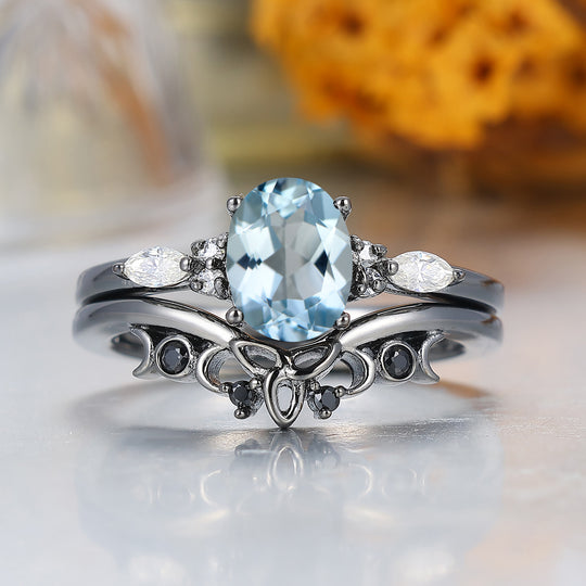 Fijne Ovale Geslepen Aquamarijn Verlovingsring Unieke Zwart Vergulde Aquamarijn Damesringen