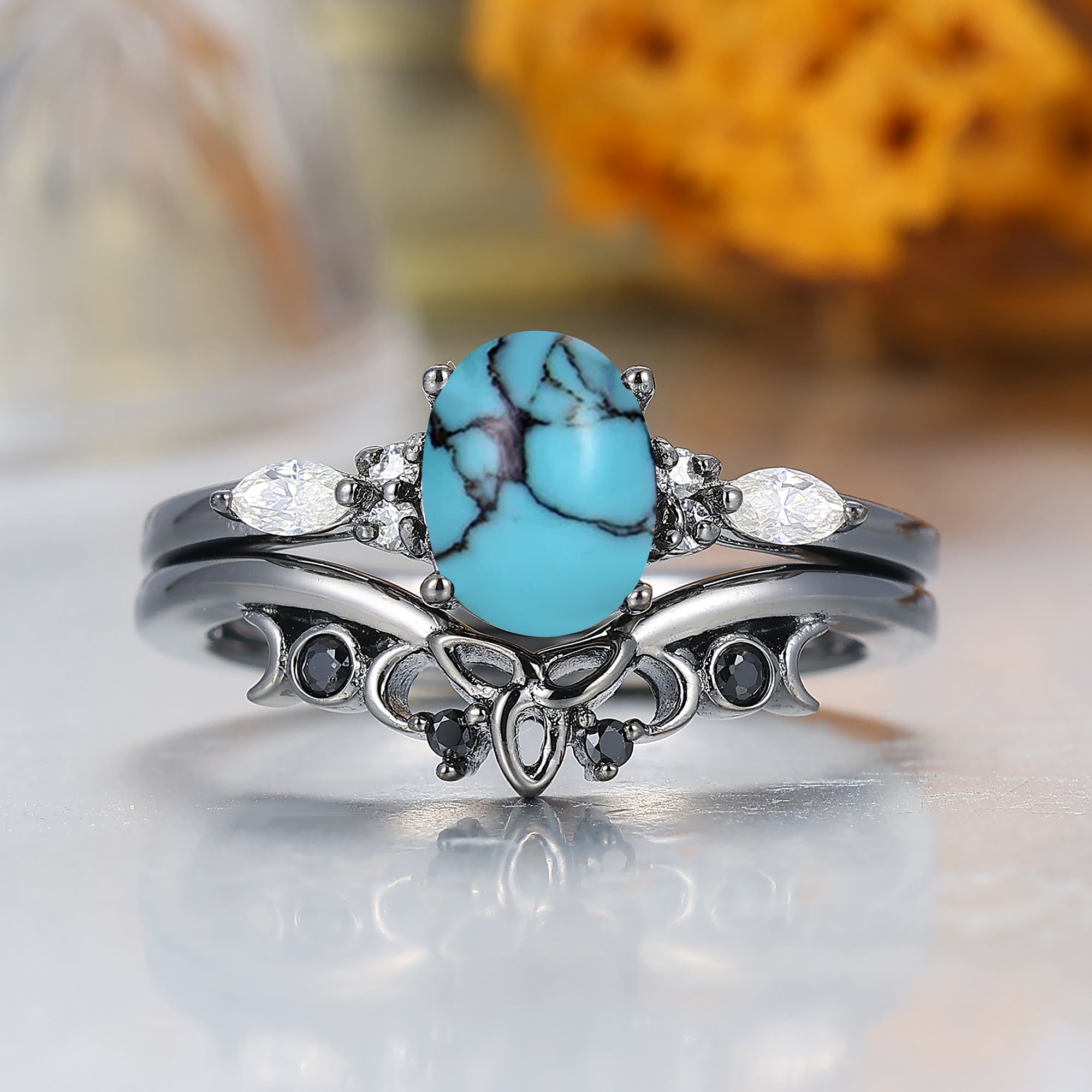 Vintage Oval Shape Turquoise Engagement Rings Sterling Silver Black Plated Women Ring Set -  Esdomera.com