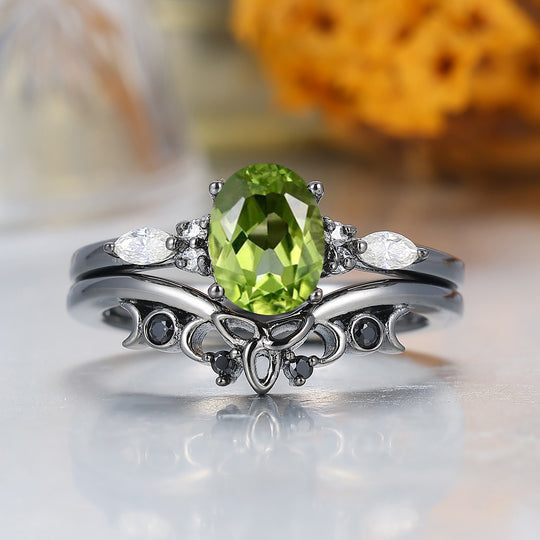 Dainty Oval Cut Peridot Wedding Ring Set Unique Black Plated Engagement Rings