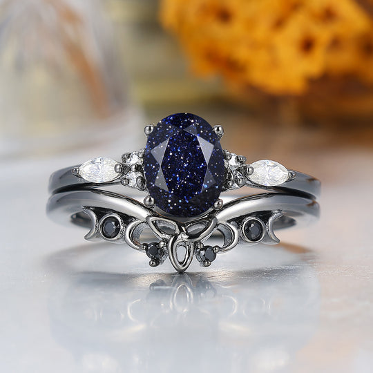 Unique 1.5CT Oval Cut Blue Sandstone Wedding Ring Set Black Plated Women Rings