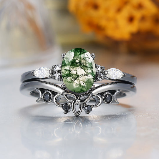 Oval Cut Natural Moss Agate Engagement Ring Handmade Women Rings Anniversary Promise Ring