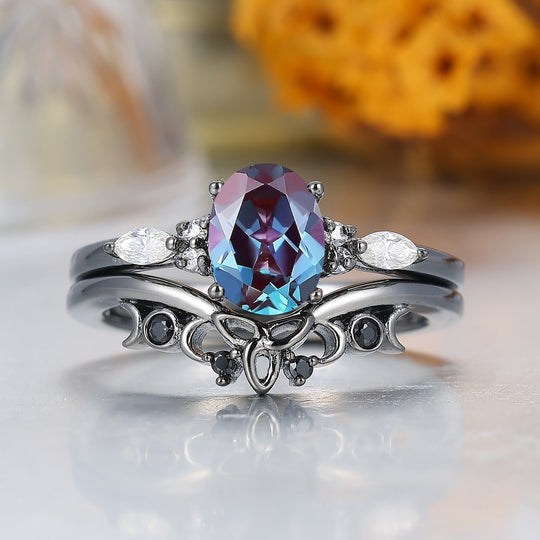 Oval Cut 1.5CT Oval Alexandrite Women Ring Set Black Plated Anniversary Promise Rings