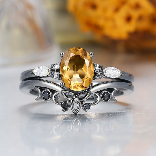Vintage Oval Shape Citrine Engagement Rings Sterling Silver Black Plated Women Ring Set