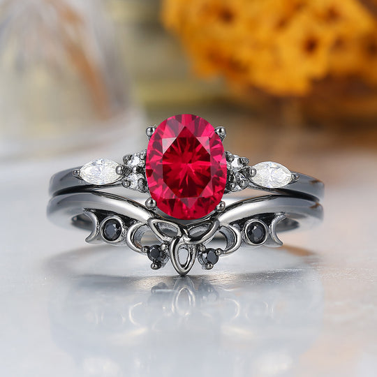 Vintage Oval Shape Ruby Engagement Rings Sterling Silver Black Plated Women Ring Set