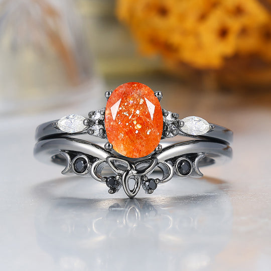 Alternative Oval Sunstone Wedding Set Engagement Ring Romantic Bridal Set  Engagement Ring