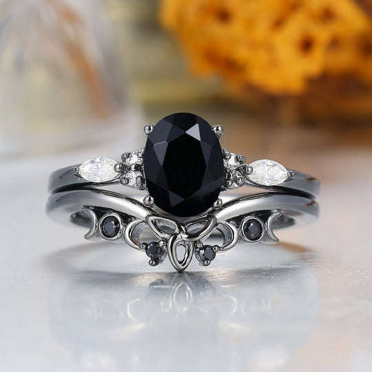 Alternative Oval Black Onyx Wedding Set Engagement Ring Romantic Bridal Set  Engagement Ring