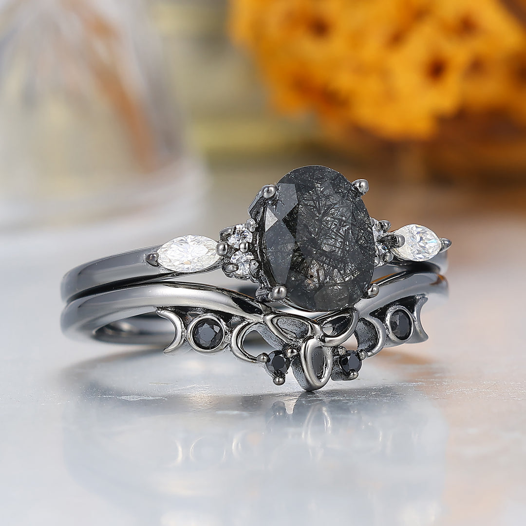 Ispirato al barocco Anello di fidanzamento in quarzo rutilato nero naturale Anello da donna placcato nero