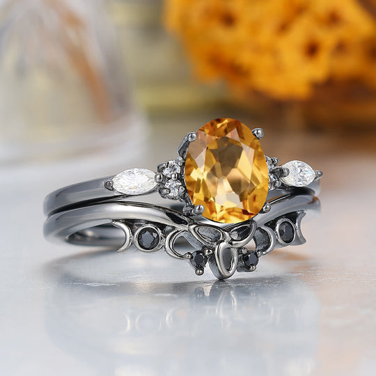 Vintage Oval Shape Citrine Engagement Rings Sterling Silver Black Plated Women Ring Set