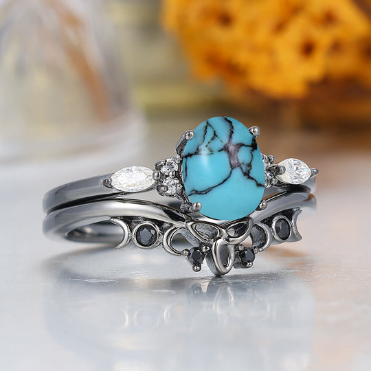 Vintage Oval Shape Turquoise Engagement Rings Sterling Silver Black Plated Women Ring Set