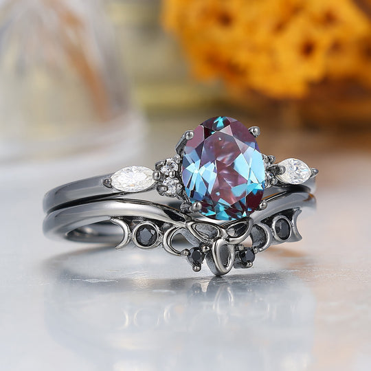 Oval Cut 1.5CT Oval Alexandrite Women Ring Set Black Plated Anniversary Promise Rings