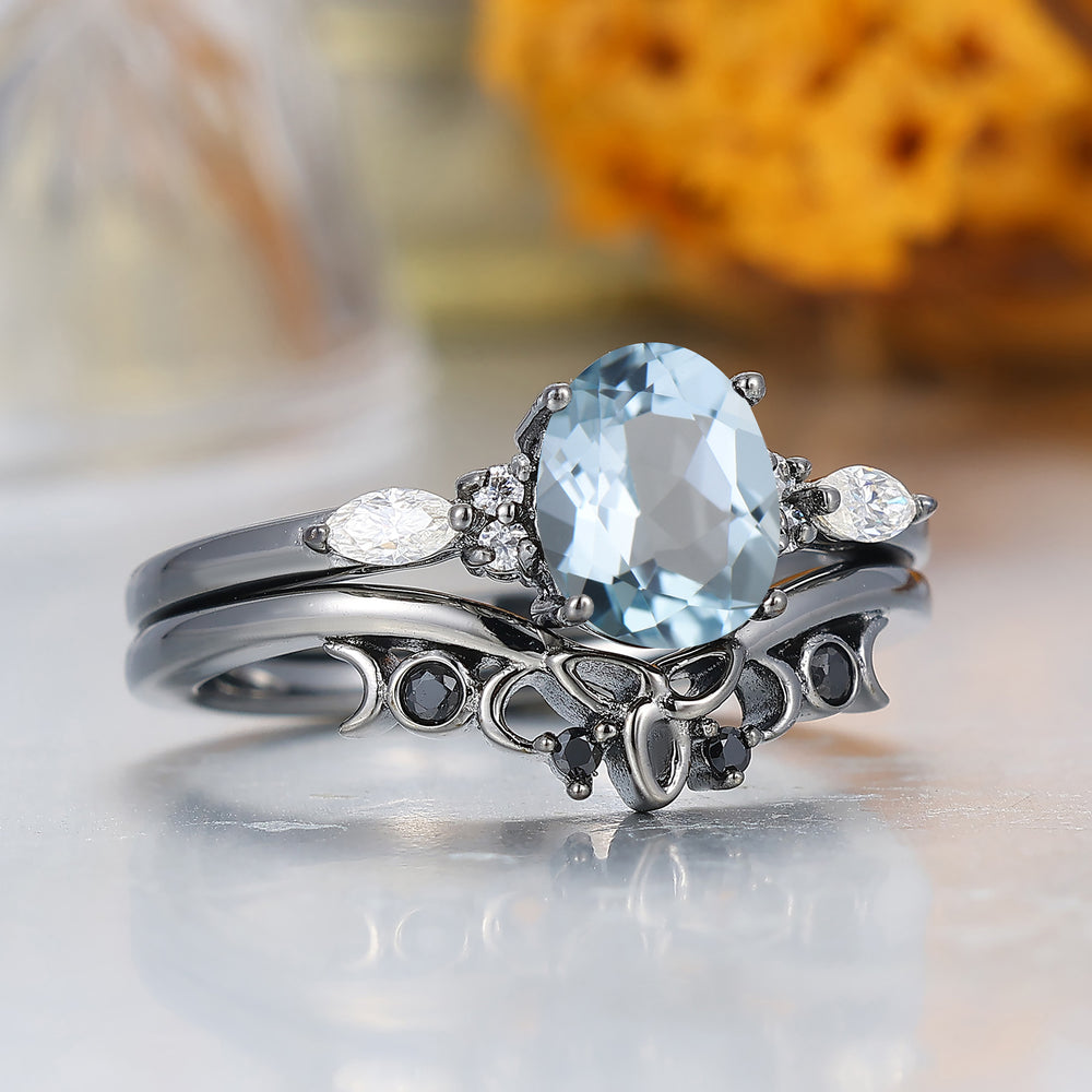 Zarter oval geschliffener Aquamarin-Verlobungsring Einzigartige schwarz plattierte Aquamarin-Damenringe
