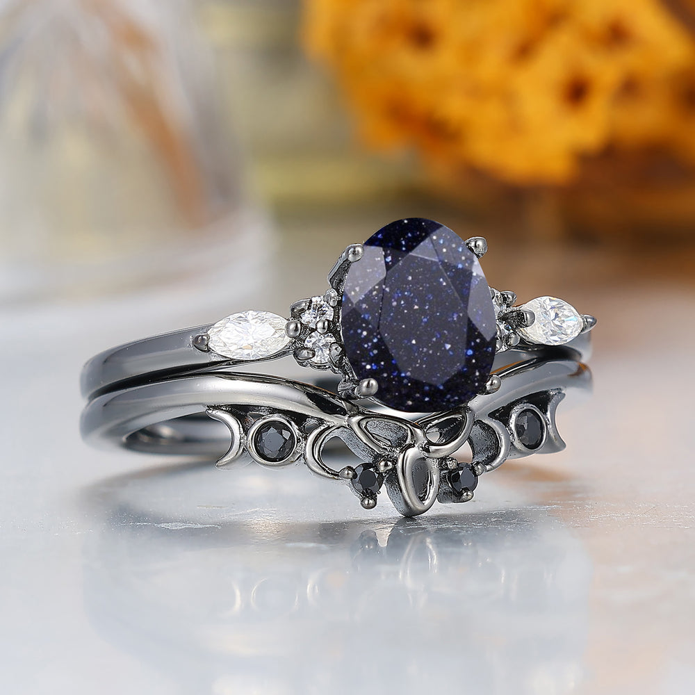 Unique 1.5CT Oval Cut Blue Sandstone Wedding Ring Set Black Plated Women Rings