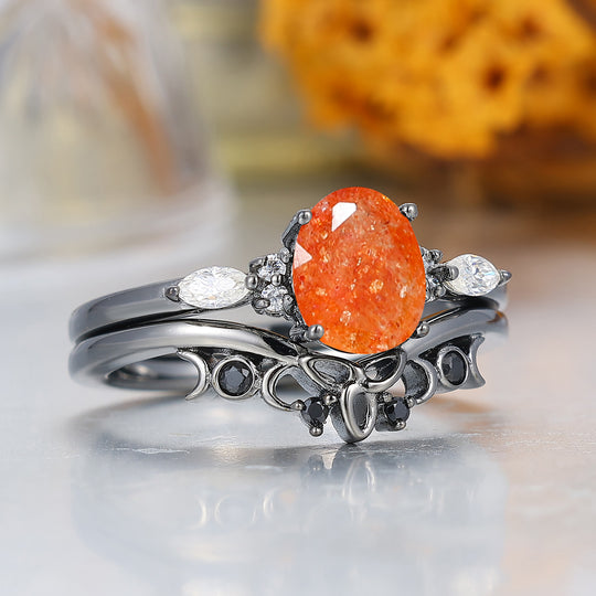 Alternative Oval Sunstone Wedding Set Engagement Ring Romantic Bridal Set  Engagement Ring