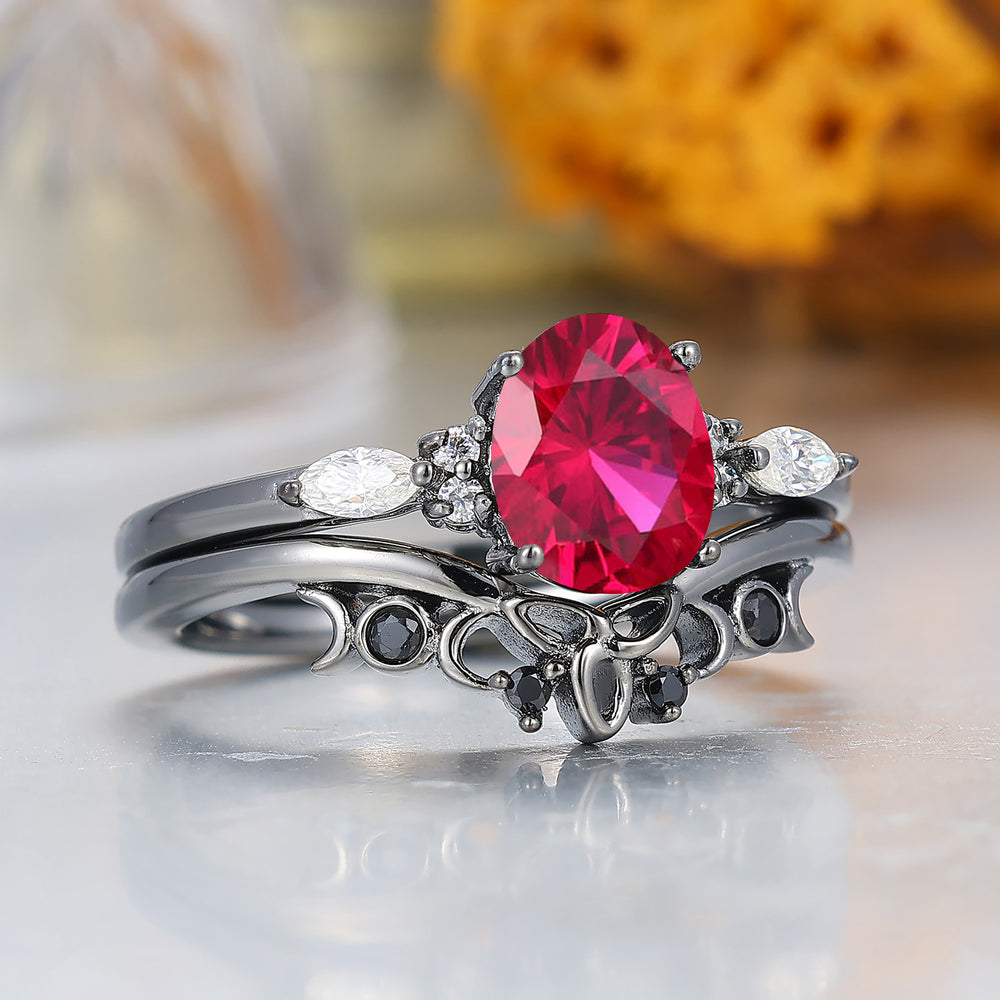 Vintage Oval Shape Ruby Engagement Rings Sterling Silver Black Plated Women Ring Set